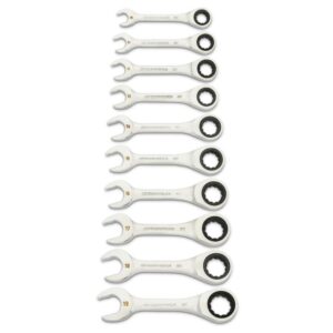 GEARWRENCH 10 Piece 90-Tooth 12 Point Metric Stubby Ratcheting Combination Wrench Set